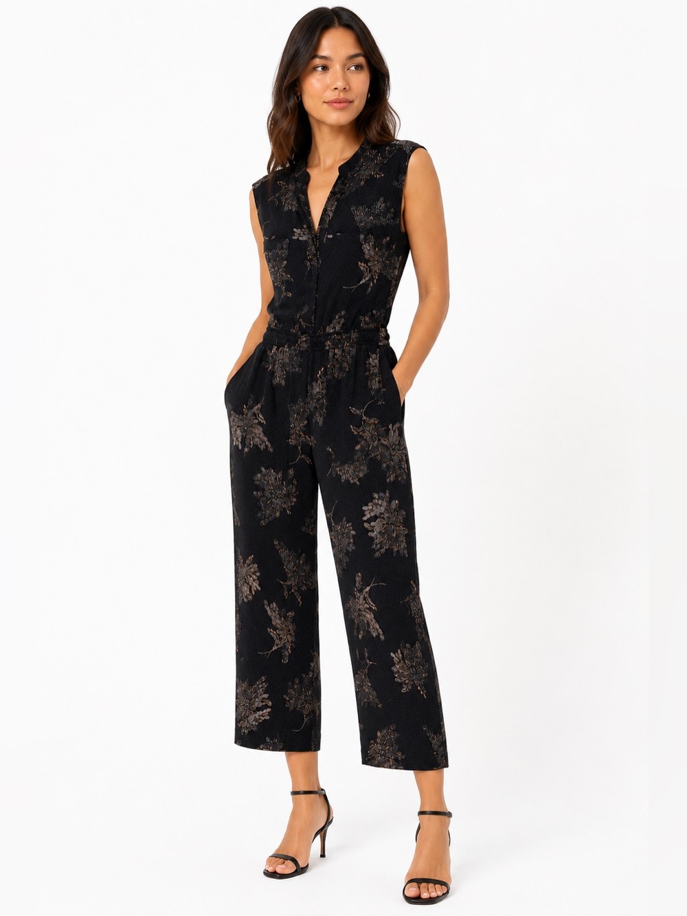 Vince XS Black Floral Silk Blend Cropped Wide Leg Jumpsuit Elastic Waist Pockets